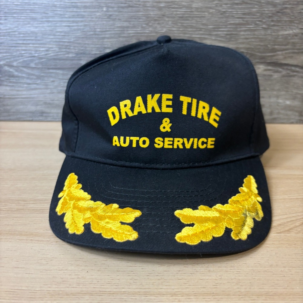 Vintage Drake Tire Hat Cap Snap Back Black Trucker Auto Service Adjustable